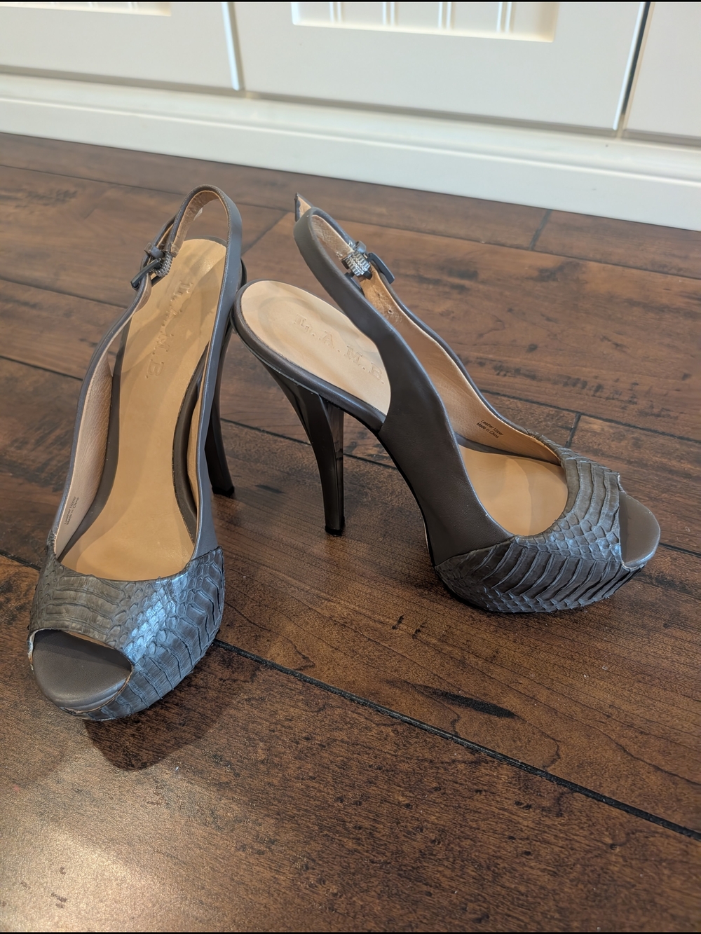 L.A.M.B. Gray Textured Peep-Toe Slingback Heels